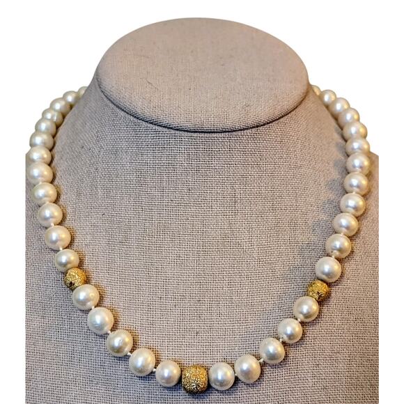 VTG PJS 14K Clasp Genuine 9mm Pearl Three Gold Lava Stone Bead 18" Necklace - Picture 1 of 10